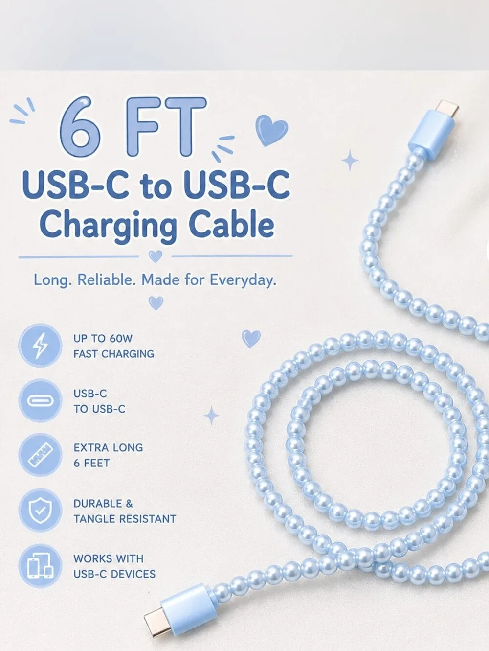 Pearl-Beaded USB-C Charging Cable - Light Blue